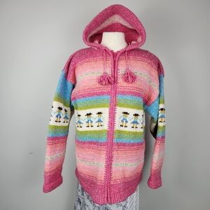 Women's Pink Wool Blend Cardigan Fits M-L Aztec Hippie Granola Folkfest Camping